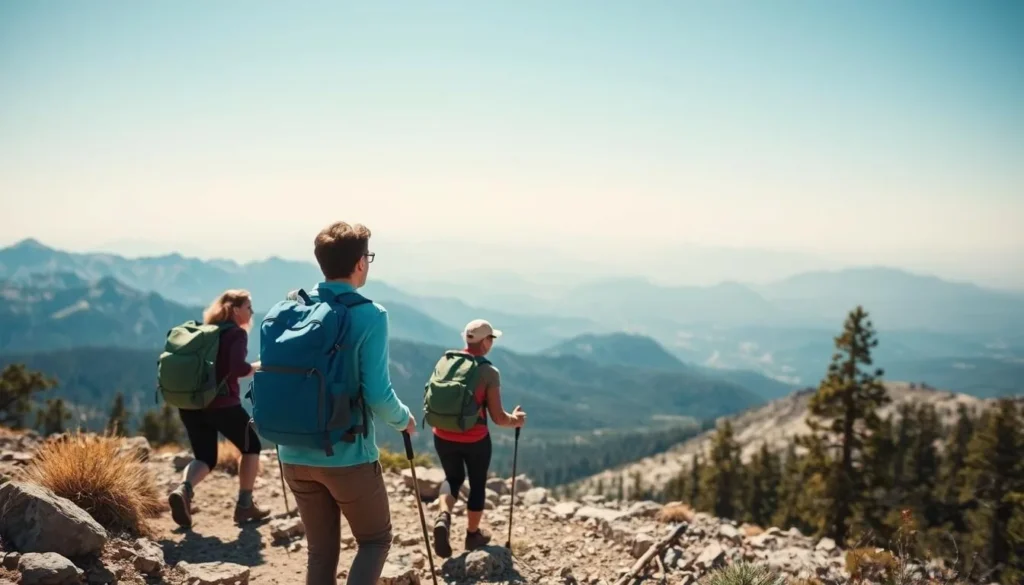 Hikers on the trail to Wheeler Peak summit with expansive mountain views Hikers on the trail to Wheeler Peak summit with expansive mountain views