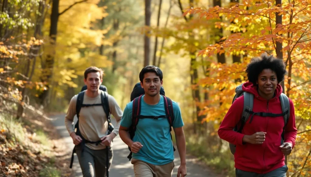 Hikers on trail at Swatara State Park during autumn