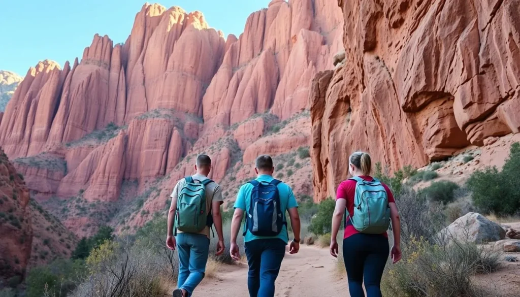 Hikers on trail in Dominguez Canyon with towering red rock walls Hikers on trail in Dominguez Canyon with towering red rock walls