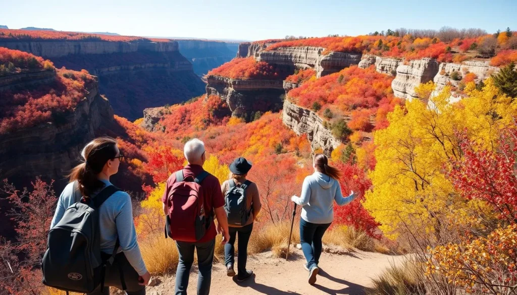 Hikers on trail overlooking autumn foliage in Starved Rock canyon Hikers on trail overlooking autumn foliage in Starved Rock canyon