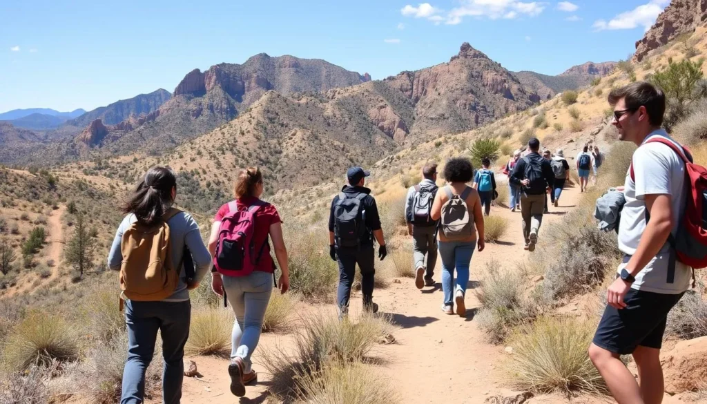 Hikers on trails surrounding Ojo Caliente with desert landscape and mountain views Hikers on trails surrounding Ojo Caliente with desert landscape and mountain views
