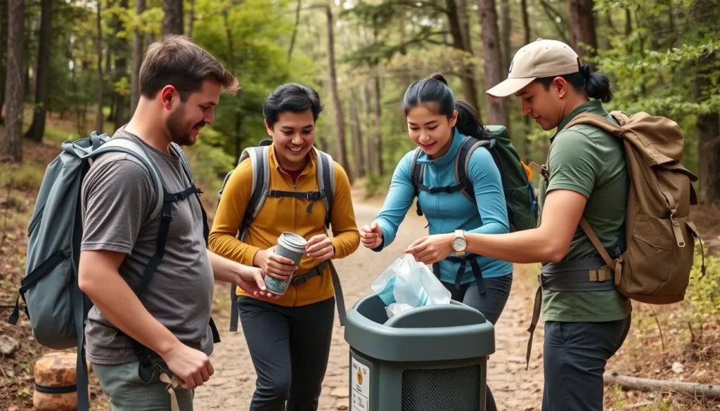 Hikers practicing Leave No Trace principles by properly disposing of trash at Spring Lake State Park