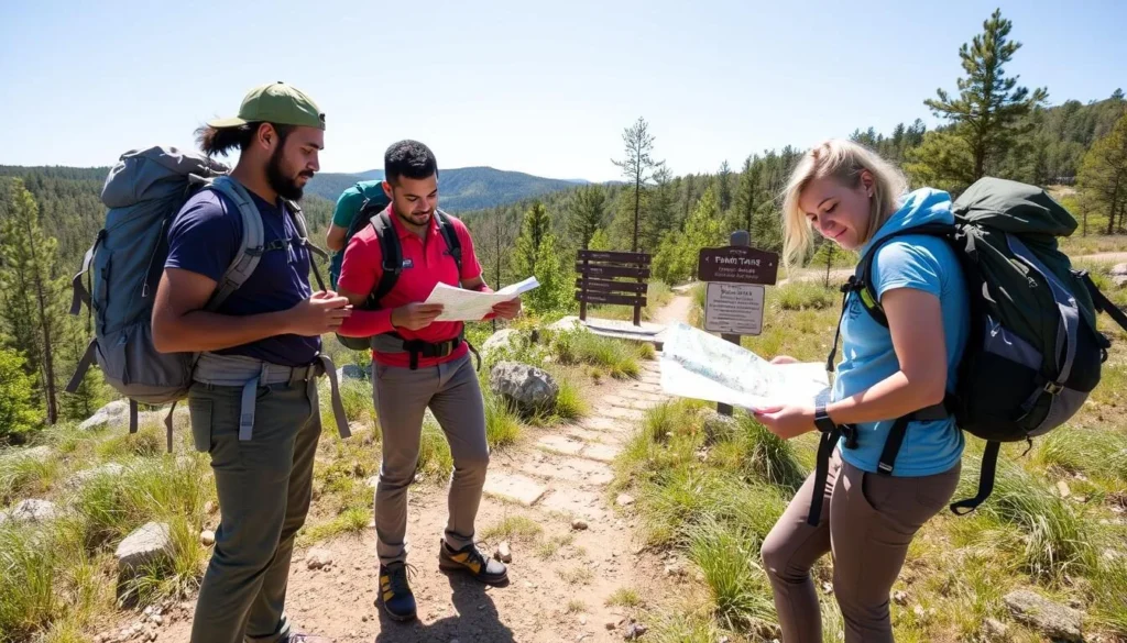 Hikers preparing for a trek in Seven Mountains Pennsylvania with proper gear and maps Hikers preparing for a trek in Seven Mountains Pennsylvania with proper gear and maps