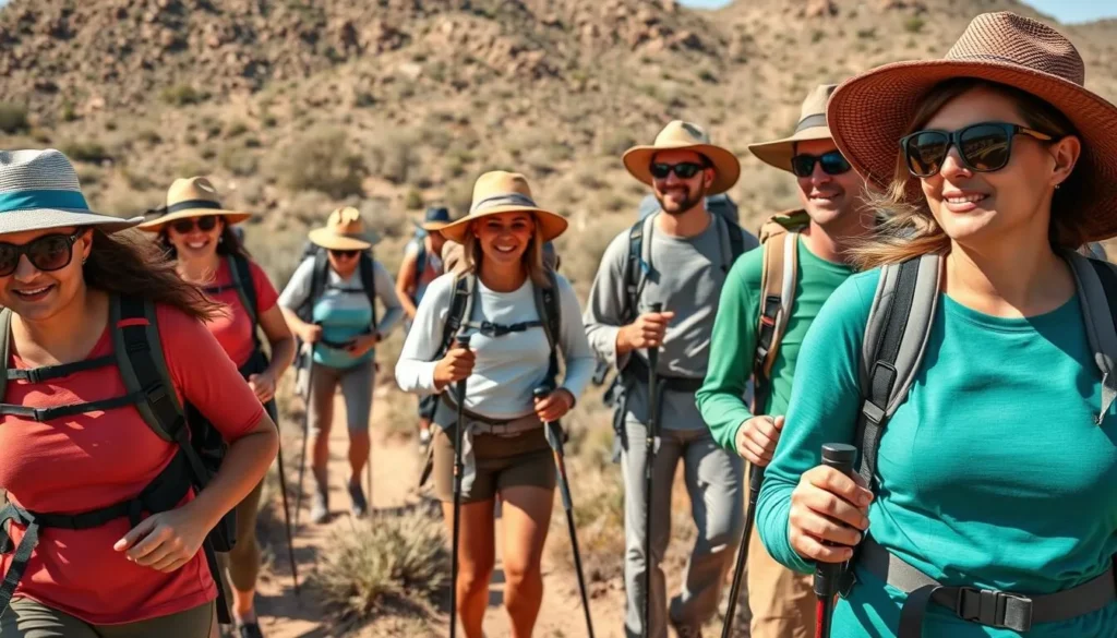 Hikers properly equipped for desert hiking at Picacho Peak State Park