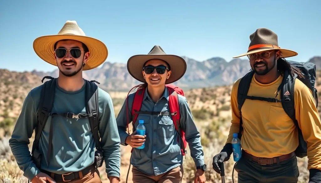 Hikers properly prepared with water and sun protection at Oliver Lee Memorial State Park