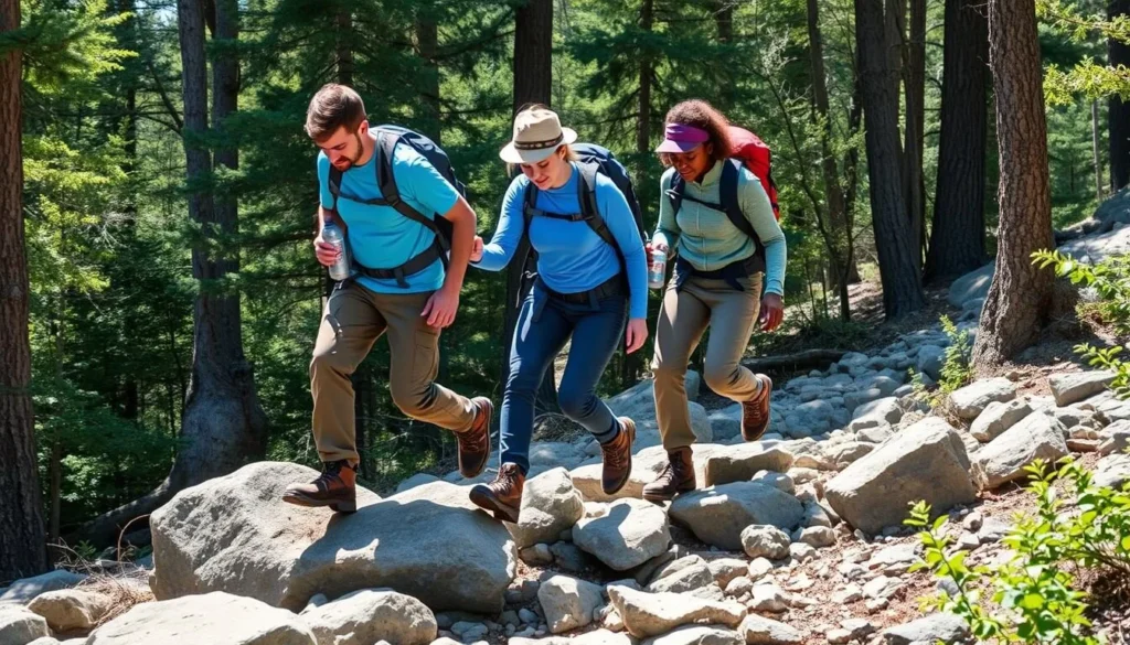 Hikers safely navigating a rocky section of trail on Wills Mountain