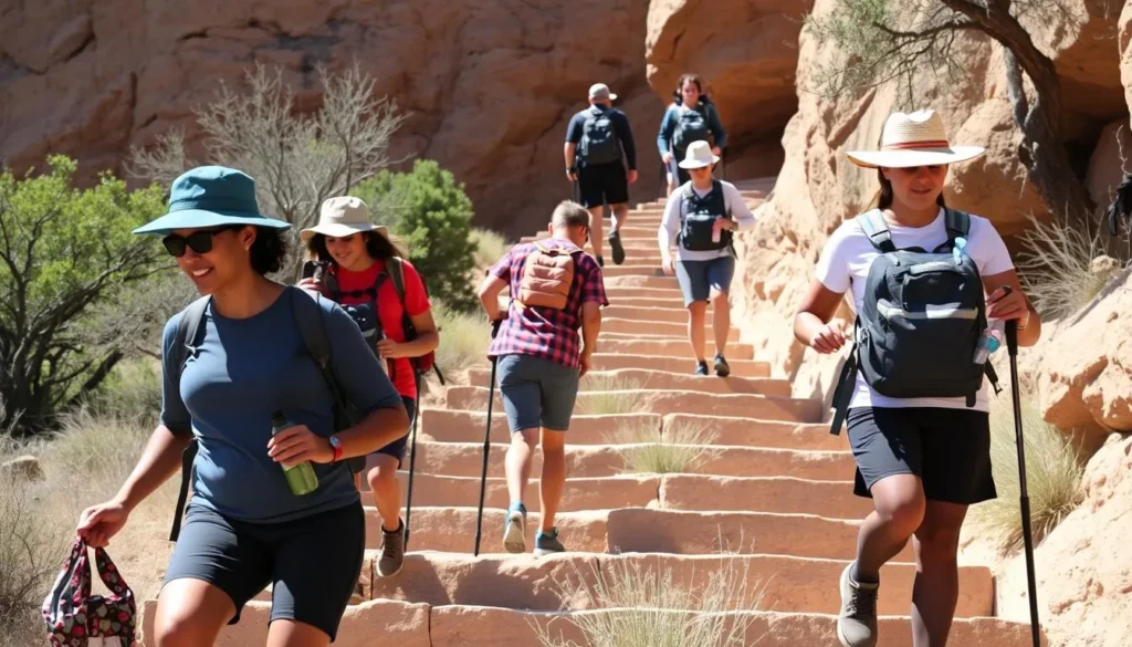 Hikers safely navigating the Island Trail steps at Walnut Canyon National Monument
