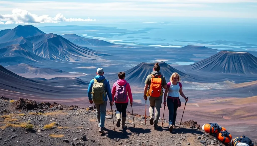 Hikers trekking on a volcano trail with stunning views of the surrounding landscape