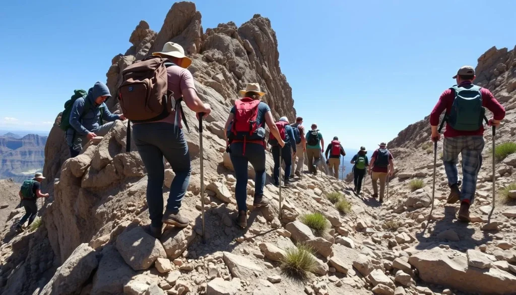 Hikers using cables on Hunter Trail at Picacho Peak State Park