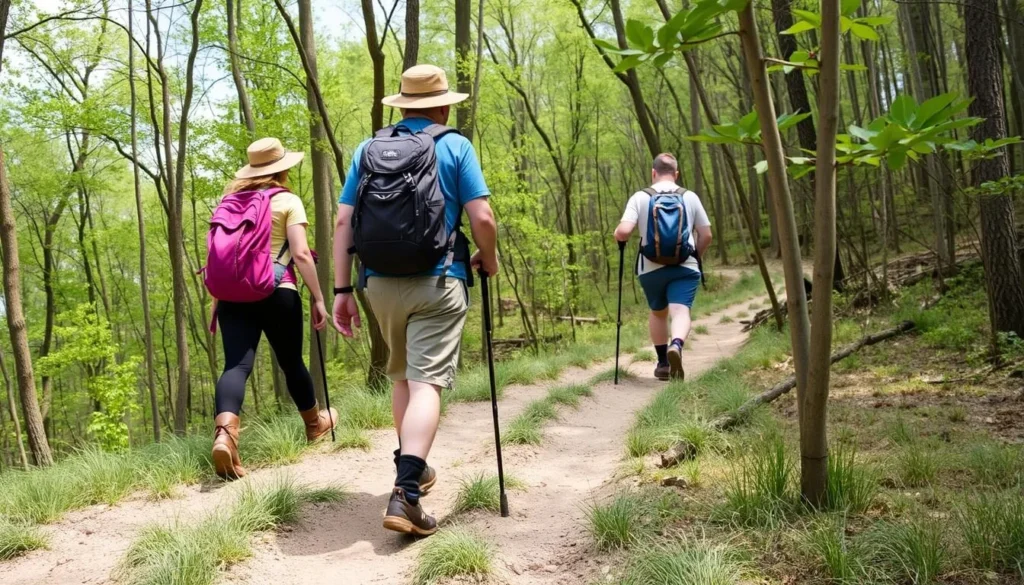 Hikers using proper gear on a trail at Starved Rock State Park Hikers using proper gear on a trail at Starved Rock State Park