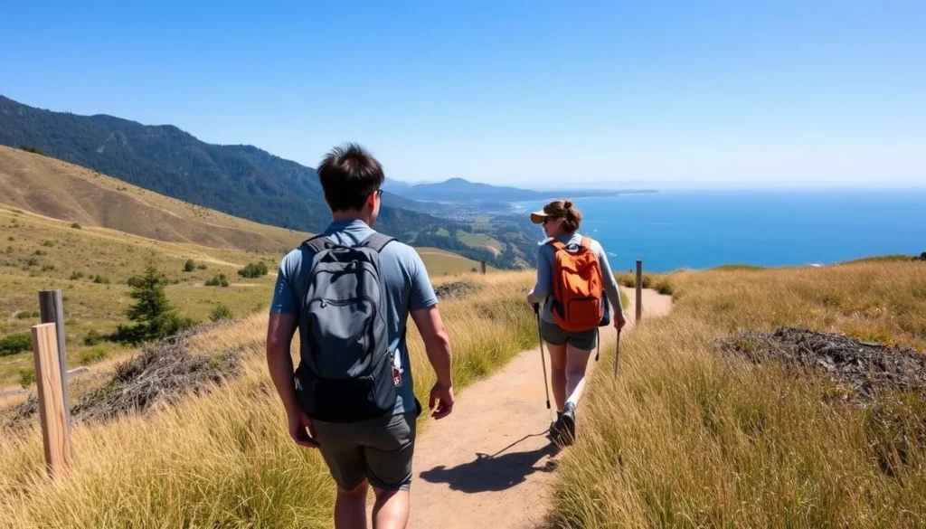 Hikers walking along a scenic section of the Lost Coast Trail in Sinkyone Wilderness State Park Hikers walking along a scenic section of the Lost Coast Trail in Sinkyone Wilderness State Park