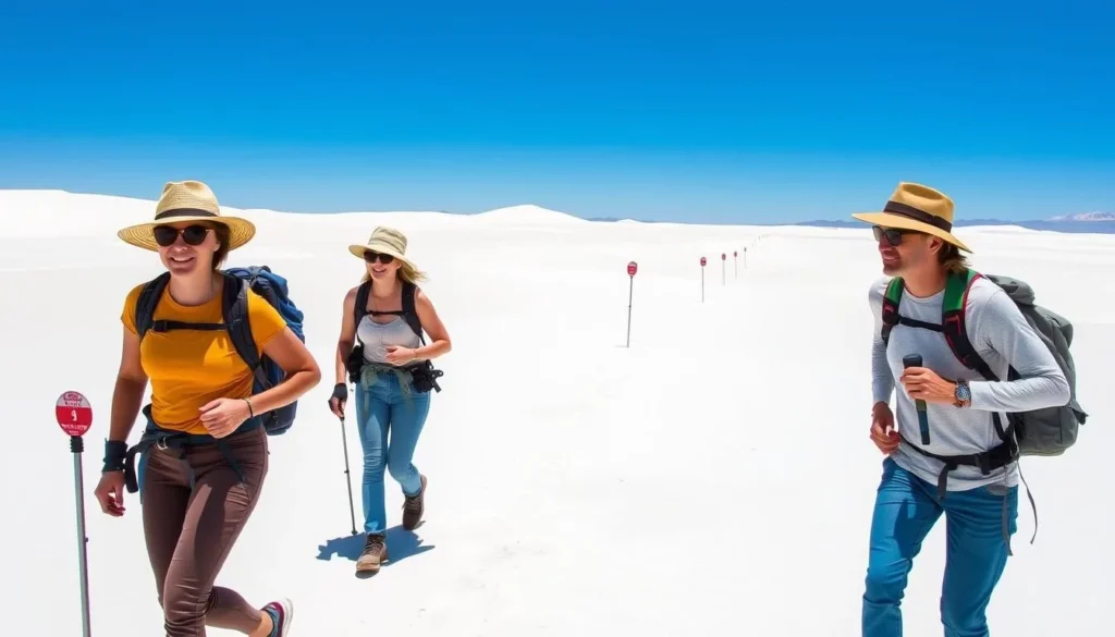 Hikers walking along the Alkali Flat Trail at White Sands National Park with trail markers visible in the distance Hikers walking along the Alkali Flat Trail at White Sands National Park with trail markers visible in the distance