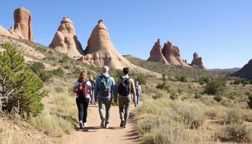 Hikers walking on the trail at Tent Rocks National Monument with cone formations visible