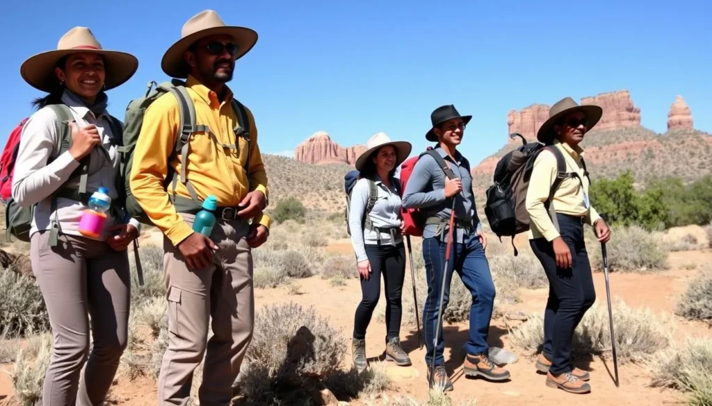 Hikers with proper desert hiking gear including hats, long sleeves, and plenty of water in Ojito Wilderness