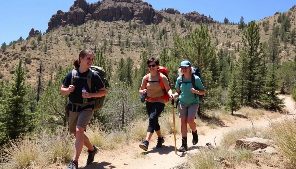 Hikers with proper gear enjoying a safe experience on Eldorado Canyon trails Hikers with proper gear enjoying a safe experience on Eldorado Canyon trails
