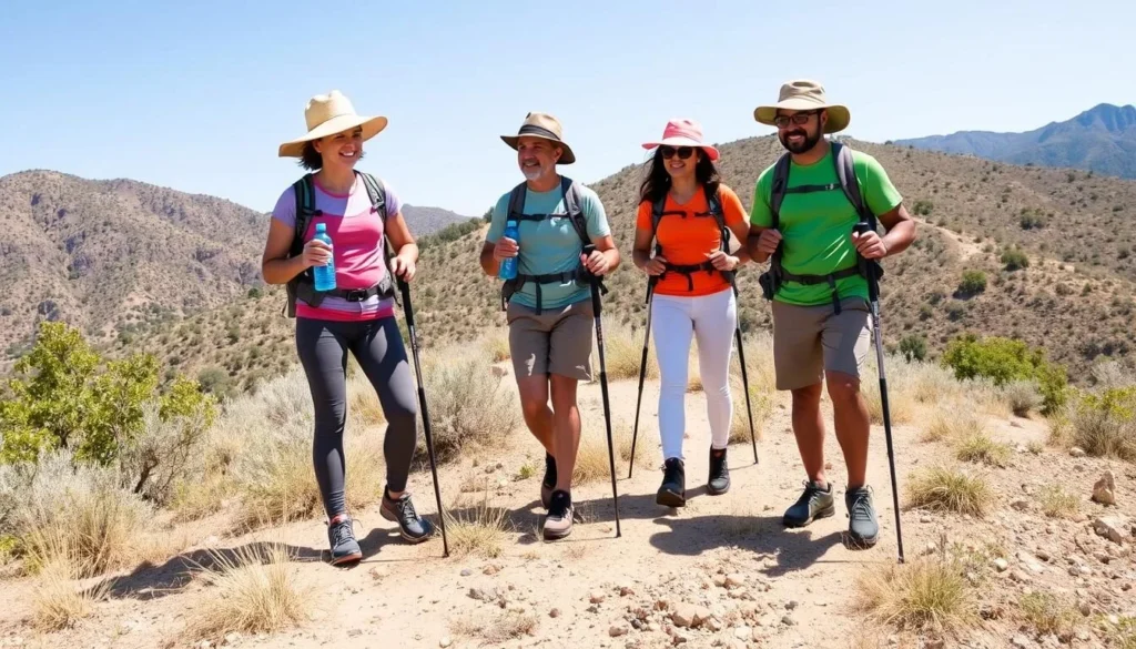 Hikers with proper gear including water bottles, hats, and appropriate footwear on a Verdugo Mountains trail Hikers with proper gear including water bottles, hats, and appropriate footwear on a Verdugo Mountains trail