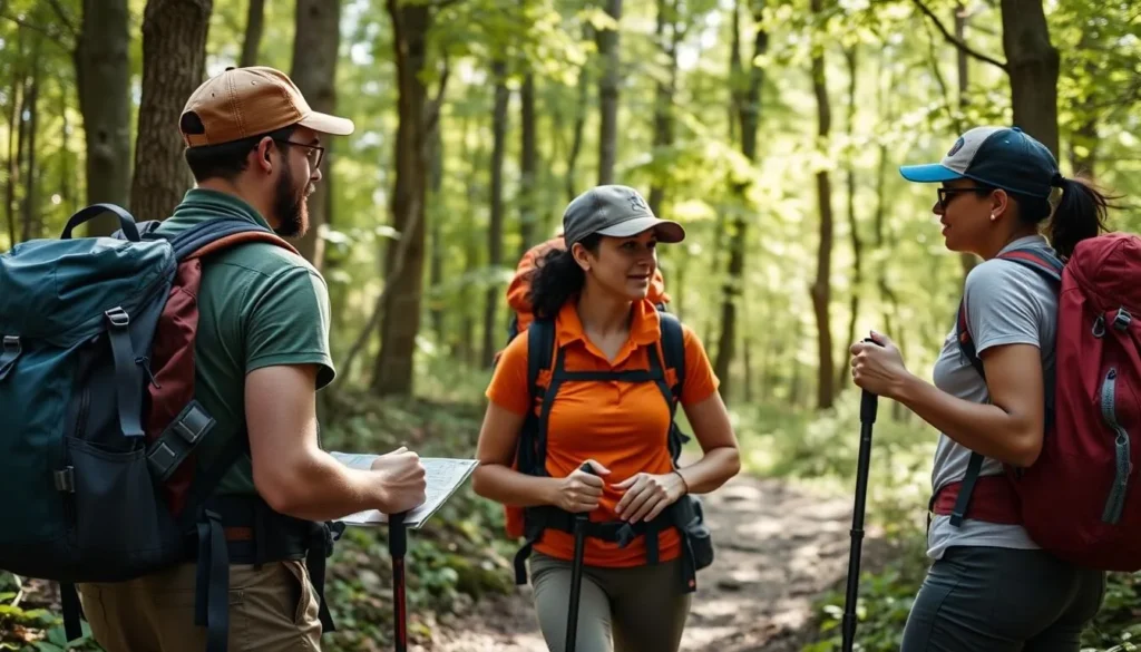 Hikers with proper gear on a trail in Shawnee Hills with backpacks and hiking poles