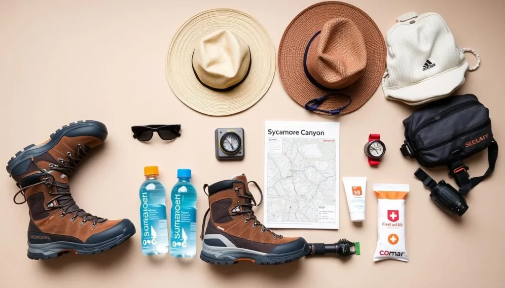 Hiking gear laid out including boots, map, water bottles, and sun protection