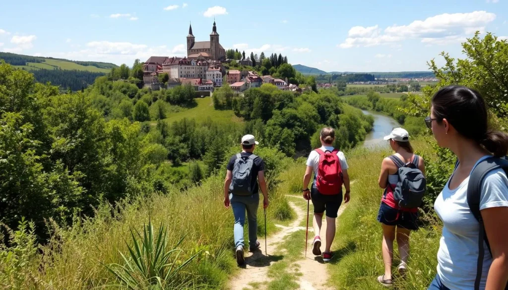 Hiking path in the Tauber Valley below Rothenburg with views of the medieval town above