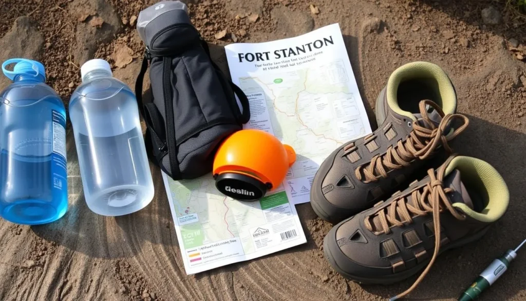 Hiking safety preparation with water bottles and maps for Fort Stanton trails