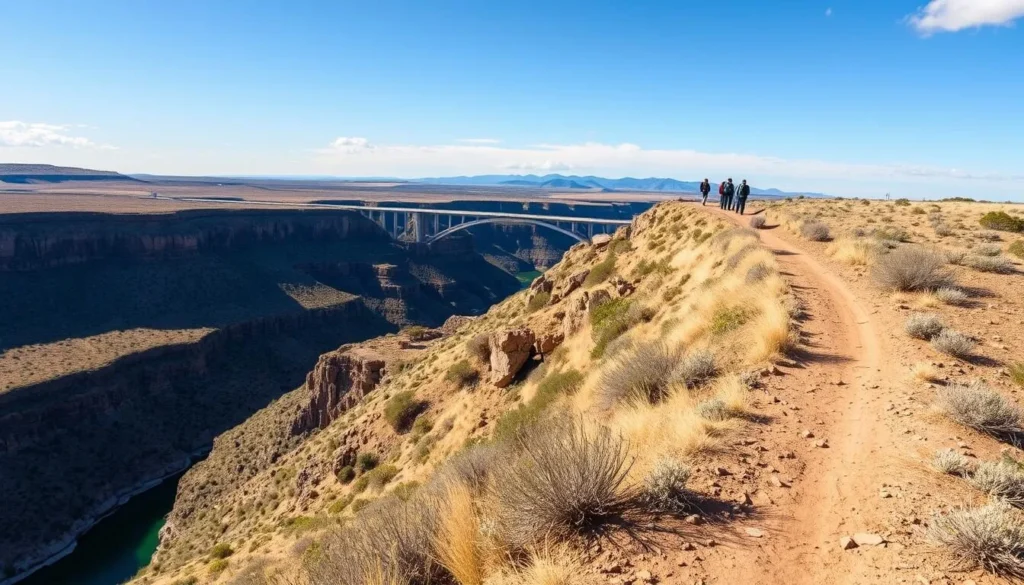 Hiking trail along the rim of Rio Grande Gorge with views of the bridge in the distance Hiking trail along the rim of Rio Grande Gorge with views of the bridge in the distance