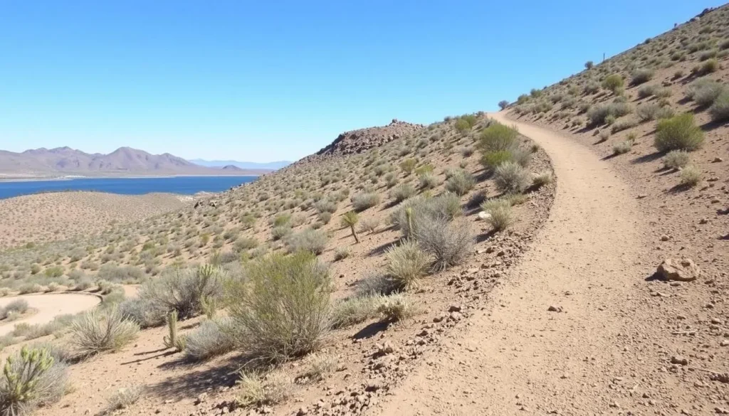 Hiking trail around Highline Lake with desert landscape