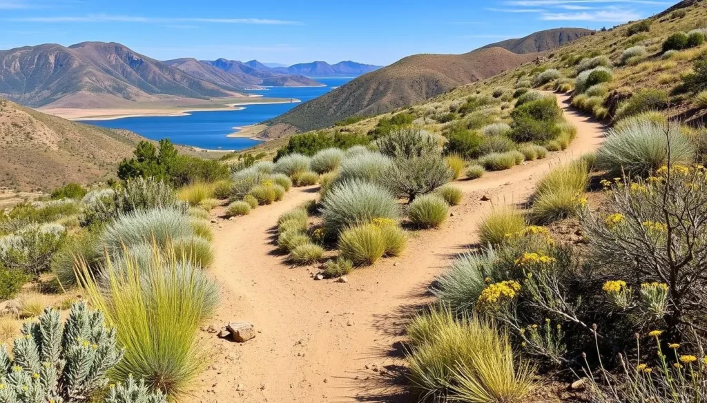 Hiking trail at Highline Lake State Park with desert vegetation and lake views