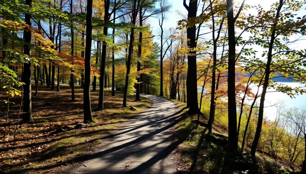 Hiking trail at Sangchris Lake State Park showing forest path and lake views Hiking trail at Sangchris Lake State Park showing forest path and lake views