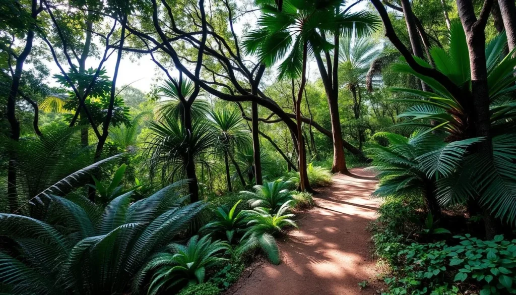 Hiking trail in Jobo Rosado Protected Area near Yaguajay with lush vegetation