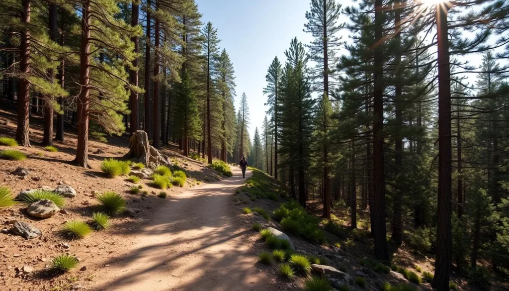 Hiking trail in Wheeler Peak Wilderness with trail markers and forest surroundings Hiking trail in Wheeler Peak Wilderness with trail markers and forest surroundings