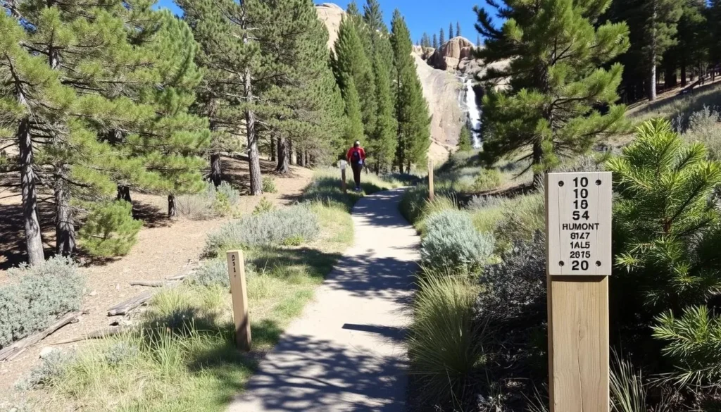Hiking trail leading to Horsetooth Falls with trail markers and natural surroundings in Colorado