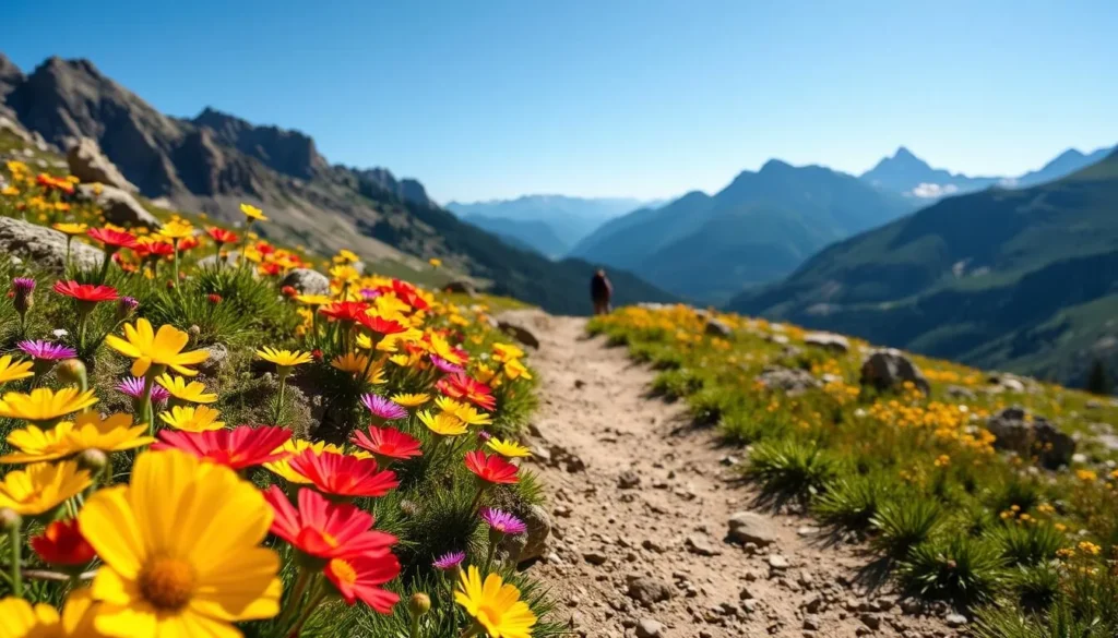Hiking trail near Howardsville with wildflowers and mountain views