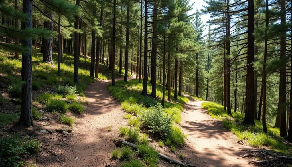 Hiking trail through Holy Cross Wilderness forest with trail markers