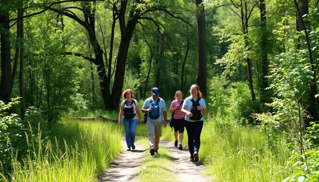 Hiking trail through Pearl River Wildlife Management Area with diverse group of hikers Hiking trail through Pearl River Wildlife Management Area with diverse group of hikers