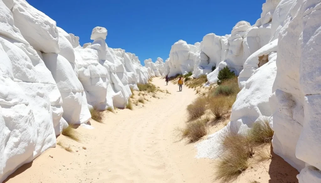 Hiking trail through Plaza Blanca showing the sandy path winding between dramatic white rock formations Hiking trail through Plaza Blanca showing the sandy path winding between dramatic white rock formations