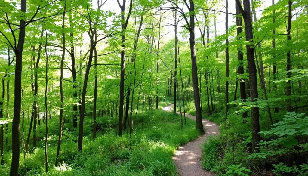 Hiking trail through dense forest at Trail of Tears State Forest Hiking trail through dense forest at Trail of Tears State Forest