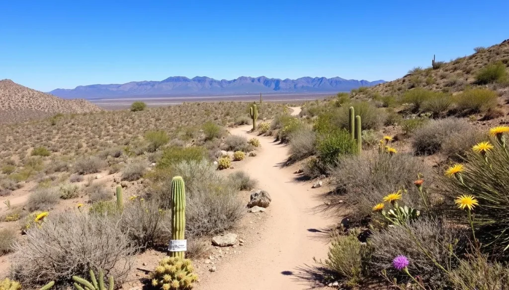 Hiking trail through desert landscape at Pancho Villa State Park Hiking trail through desert landscape at Pancho Villa State Park