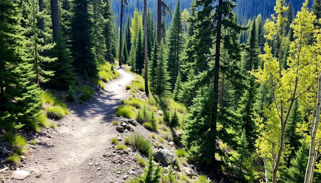 Hiking trail through forested area in Latir Peak Wilderness with trail markers Hiking trail through forested area in Latir Peak Wilderness with trail markers