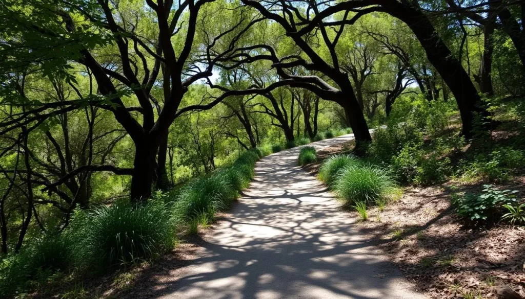 Hiking trail through oak woodland at Woodson Bridge State Recreation Area with dappled sunlight