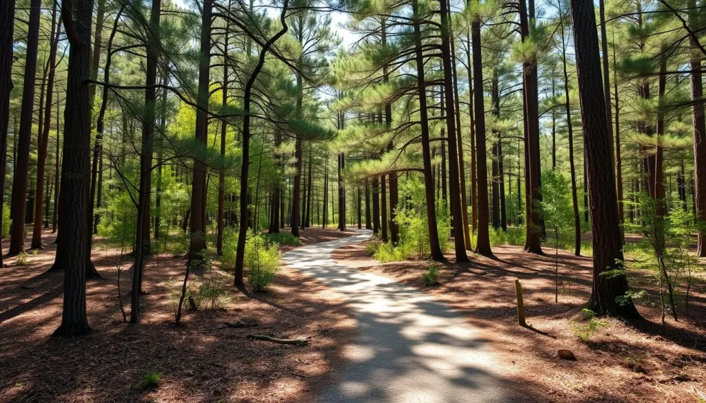 Hiking trail through pine forest at North Toledo Bend State Park Louisiana