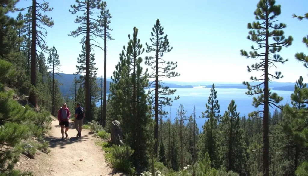 Hiking trail through pine forest near Tahoe State Recreation Area with glimpses of Lake Tahoe Hiking trail through pine forest near Tahoe State Recreation Area with glimpses of Lake Tahoe