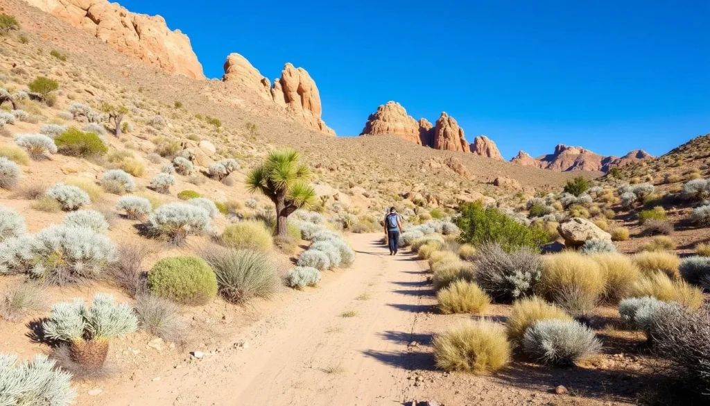 Hiking trail through the Delamar Mountains Nevada with desert flora and rock formations