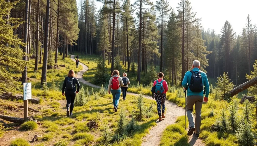 Hiking trail through the pristine Komi Republic forest with diverse tourists exploring