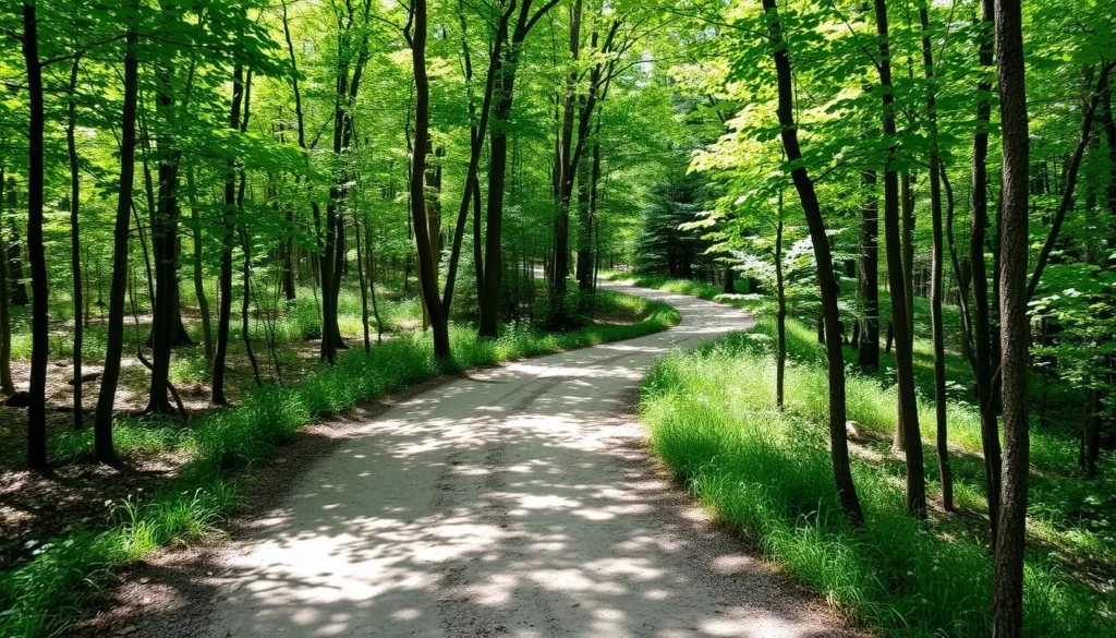 Hiking trail through wooded area on Thompson Island Illinois Hiking trail through wooded area on Thompson Island Illinois
