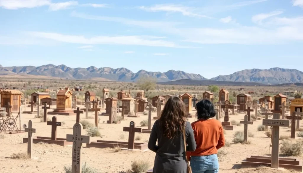 Historic Boothill Graveyard in Tombstone with wooden grave markers and desert landscape Historic Boothill Graveyard in Tombstone with wooden grave markers and desert landscape