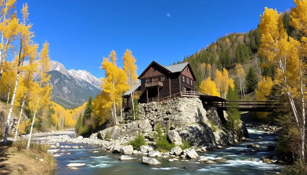 Historic Crystal Mill perched on rock outcropping above Crystal River