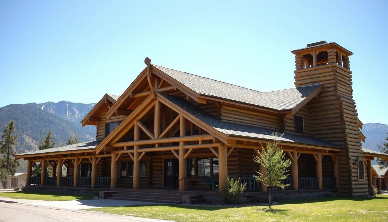 Historic Fuller Lodge building at Manhattan Project National Historical Park Los Alamos with mountains in background