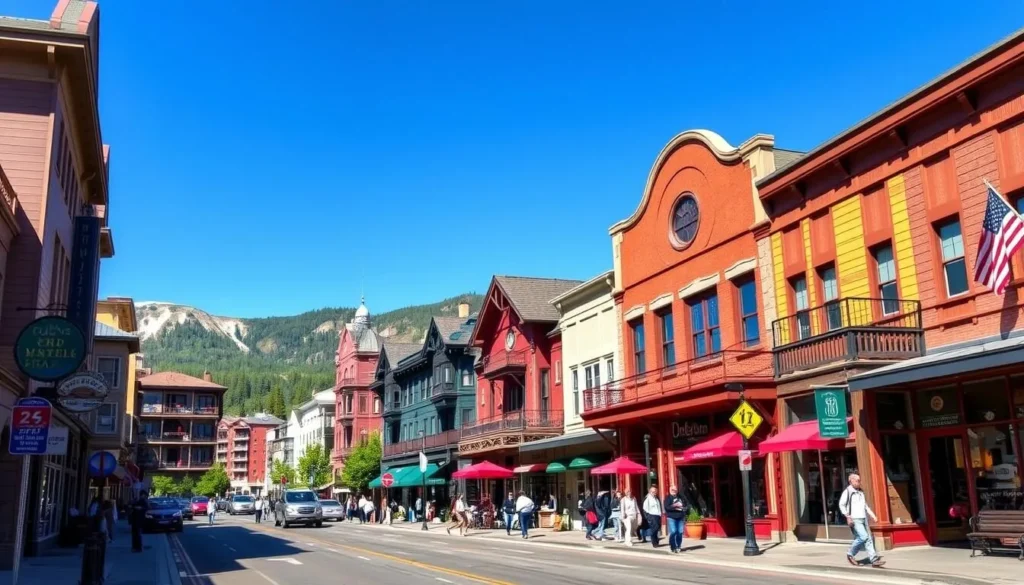 Historic Main Street in Breckenridge with colorful buildings and mountain views Historic Main Street in Breckenridge with colorful buildings and mountain views