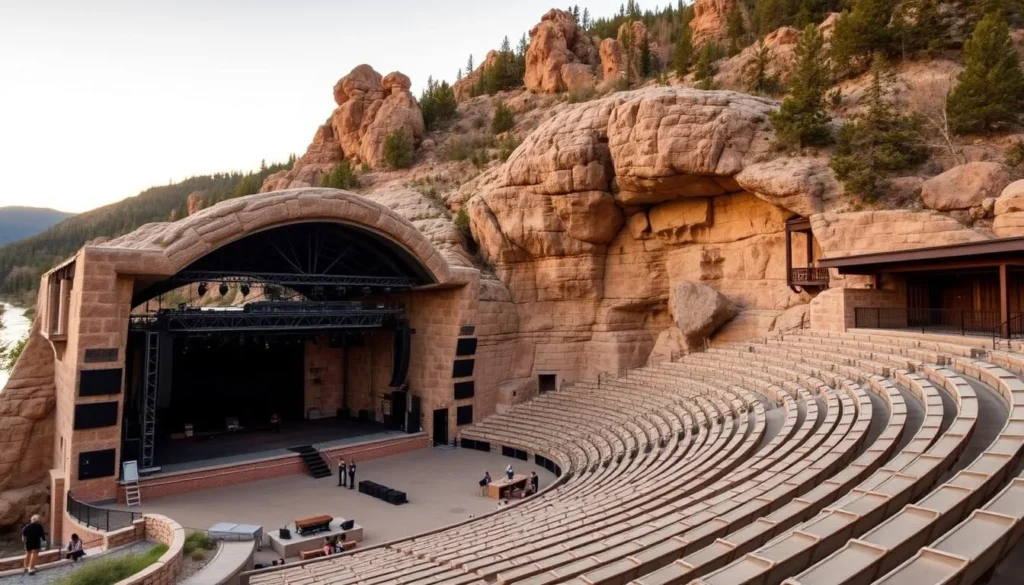 Historic Mishawaka Amphitheatre outdoor concert venue with stage and natural rock backdrop Historic Mishawaka Amphitheatre outdoor concert venue with stage and natural rock backdrop