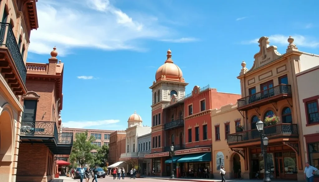 Historic Plaza in Las Vegas, New Mexico with Victorian buildings